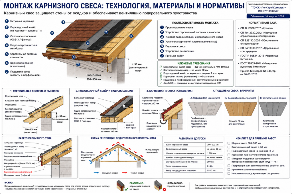 Схема монтажа карнизного свеса: разрез узла, вентиляция, варианты подшивки, нормативная база